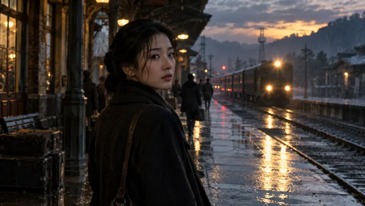 电影写实风格示意：雨后站台上回望的女孩与远处列车