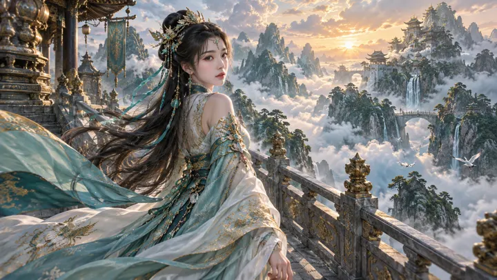 仙侠幻想风格示意：云海楼阁中的古装人物